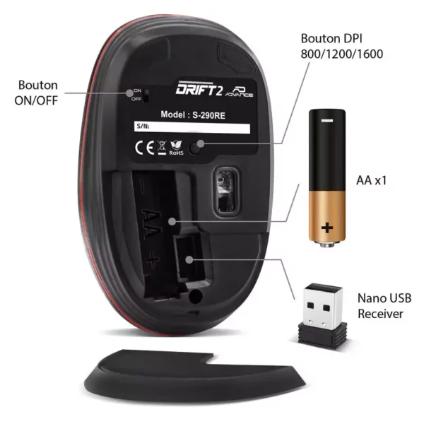 SOURIS ADVANCE SANS FIL DRIFT 2 RED ROUGE 1600PDI