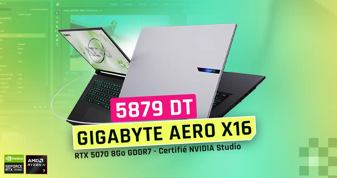 Two open Gigabyte Aero X16 laptops are displayed, highlighting a price of 5879 DT, with RTX 5070 8Go GDDR7, NVIDIA Studio certification, and AMD Ryzen 7 processor logos visible.