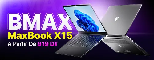 Advertisement for the BMAX MaxBook X15 laptop, showing two open laptops and text stating "A partir de 919 DT" on a purple background.