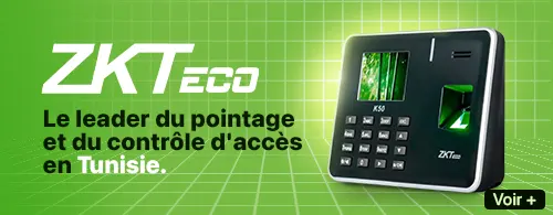 ZKTeco biometric device for access control and attendance, with keypad and fingerprint scanner, displayed on a green grid background, with French text promoting its use in Tunisia.