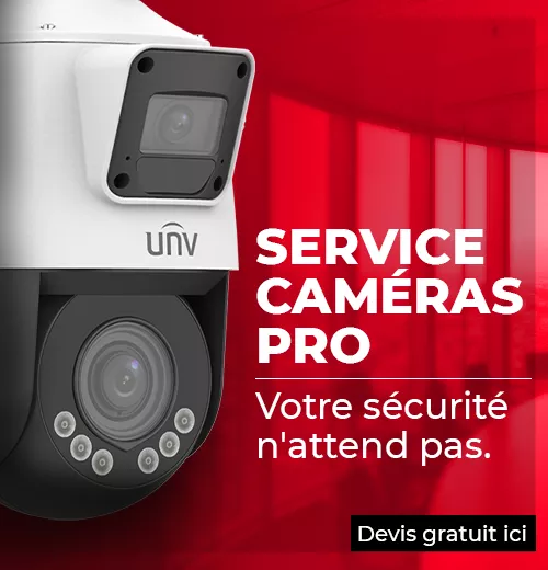 Close-up of a security camera with text in French advertising professional camera services and a free quote offer.