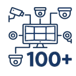 Un diagramme de système de sécurité CCTV en contour bleu foncé, montrant un écran central de contrôle connecté à plusieurs caméras et capteurs, avec le texte "100+"