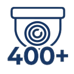 Une icône de caméra de surveillance de type dôme, dessinée en contour bleu foncé, positionnée au-dessus du texte "400+".