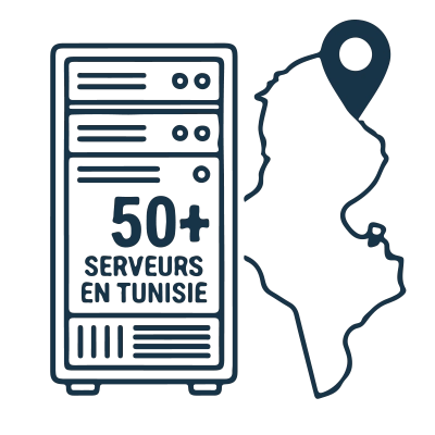 Icône d’un serveur en baie avec l’inscription ‘50+’ et la carte de la Tunisie avec un pointeur de localisation.