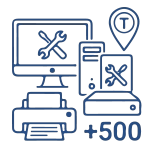 Icône au trait bleu de matériel informatique (ordinateur, imprimante) avec un outil de réparation et la mention "+500", représentant les équipements réparés annuellement au laboratoire de Tunis.