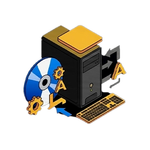 Icône isométrique montrant une unité centrale avec un disque d'installation et des engrenages, symbolisant la configuration logicielle et système.