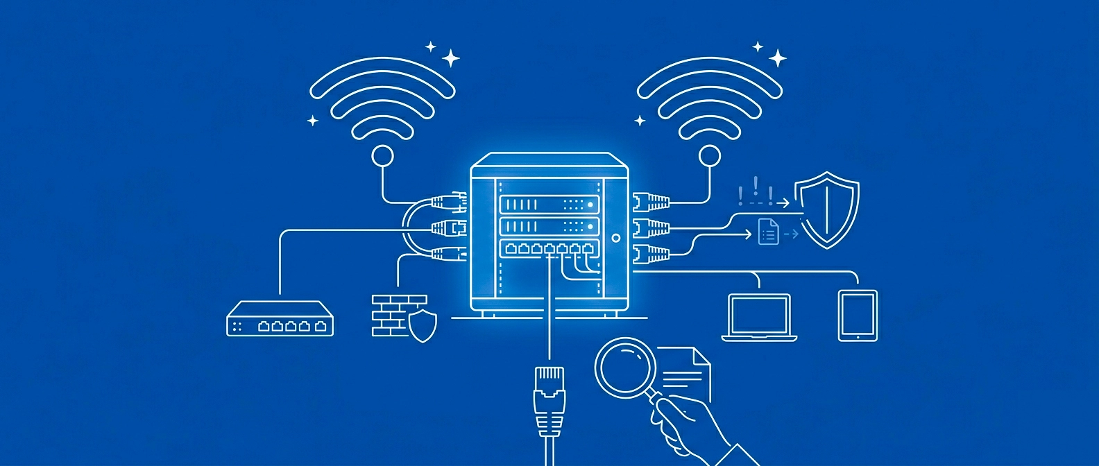 Audit réseau et sécurité firewall : optimisation signal WiFi, mise à jour switch et inspection câblage RJ45 entreprise.