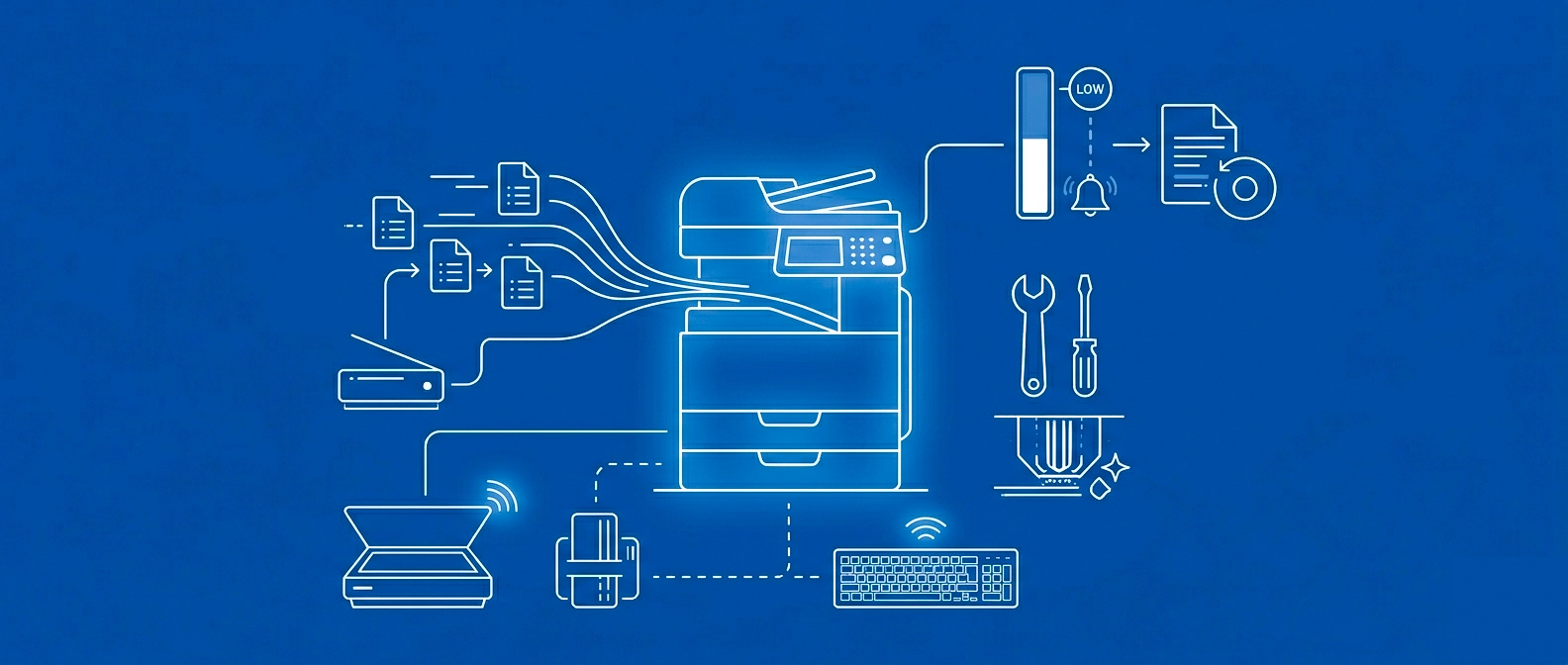 Maintenance imprimante multifonction et périphériques : gestion proactive des consommables, nettoyage têtes d'impression et drivers.