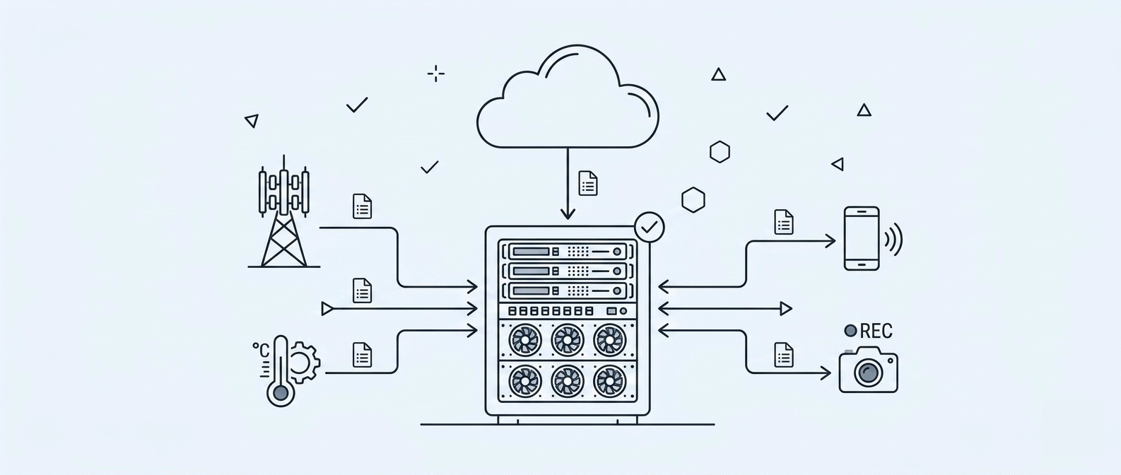 Illustration montrant un rack de serveurs au centre, connecté par des flèches à un nuage au-dessus, et à des capteurs, une antenne 5G, un smartphone et une caméra sur les côtés. Fond bleu clair.