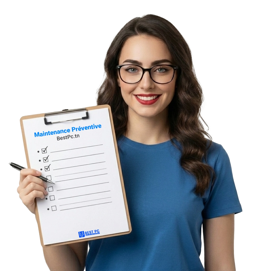 Une technicienne informatique de BestPC Tunisie tenant une liste de contrôle pour la « Maintenance Préventive », assurant le suivi technique des parcs informatiques.