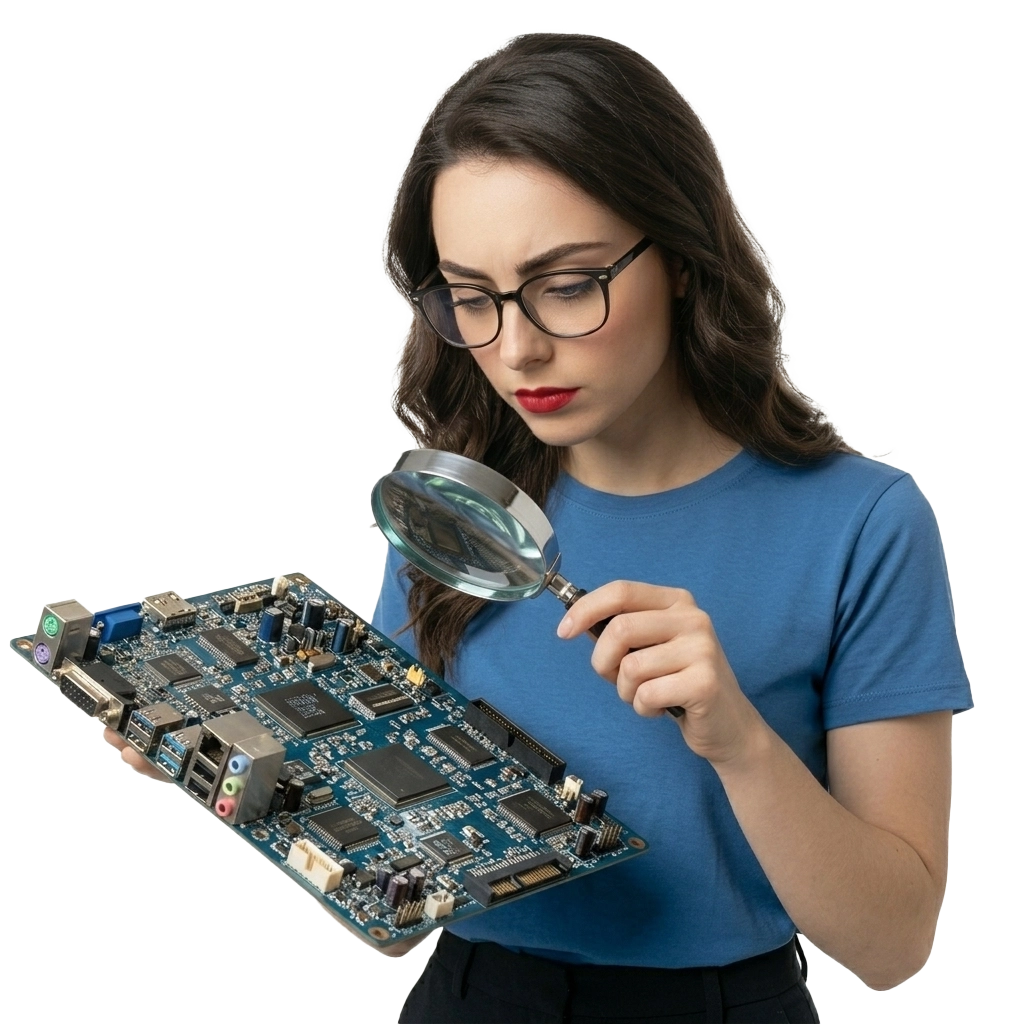 Une technicienne informatique de BestPC Tunisie examinant une carte mère à la loupe pour une opération de Maintenance Curative.