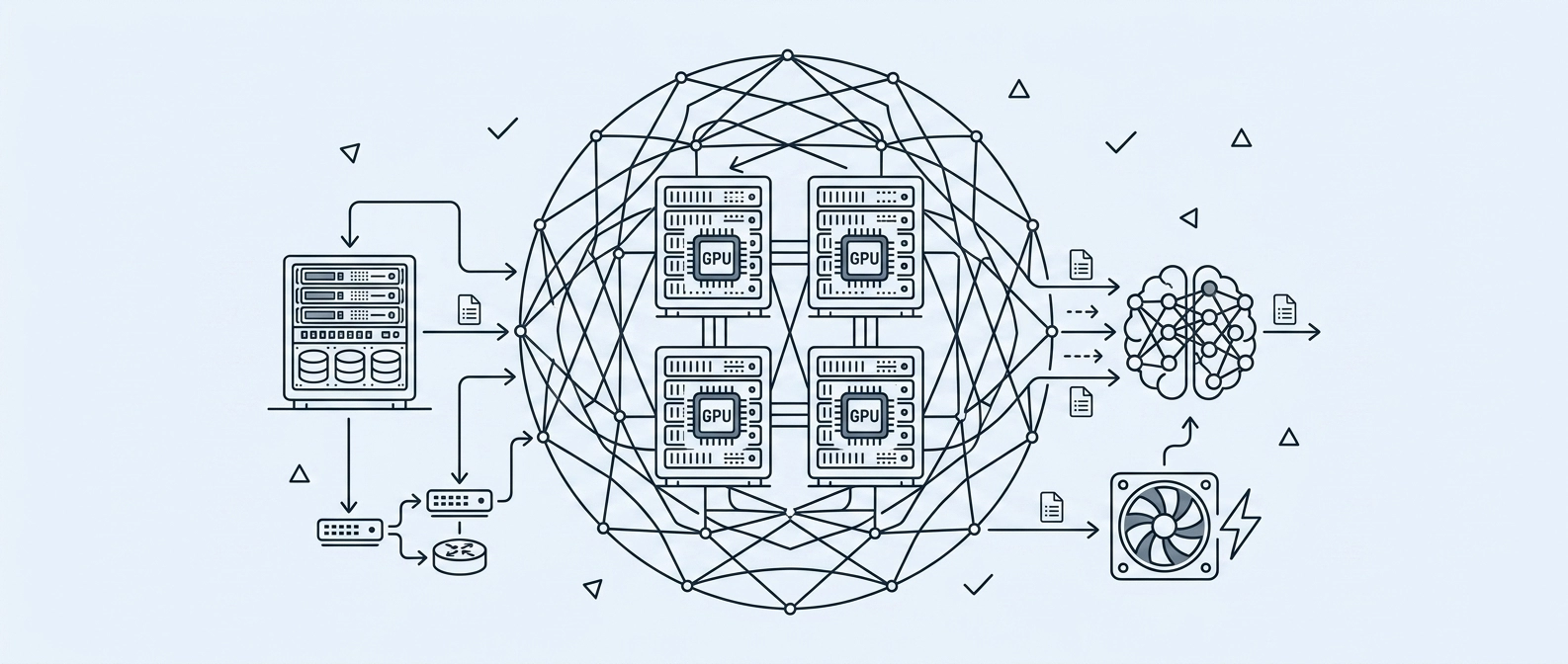 un cluster central de quatre serveurs avec puces "GPU" est entouré d'un réseau dense et circulaire de lignes et nœuds. À gauche, un rack de stockage, à droite, un cerveau artificiel, sur fond bleu clair.