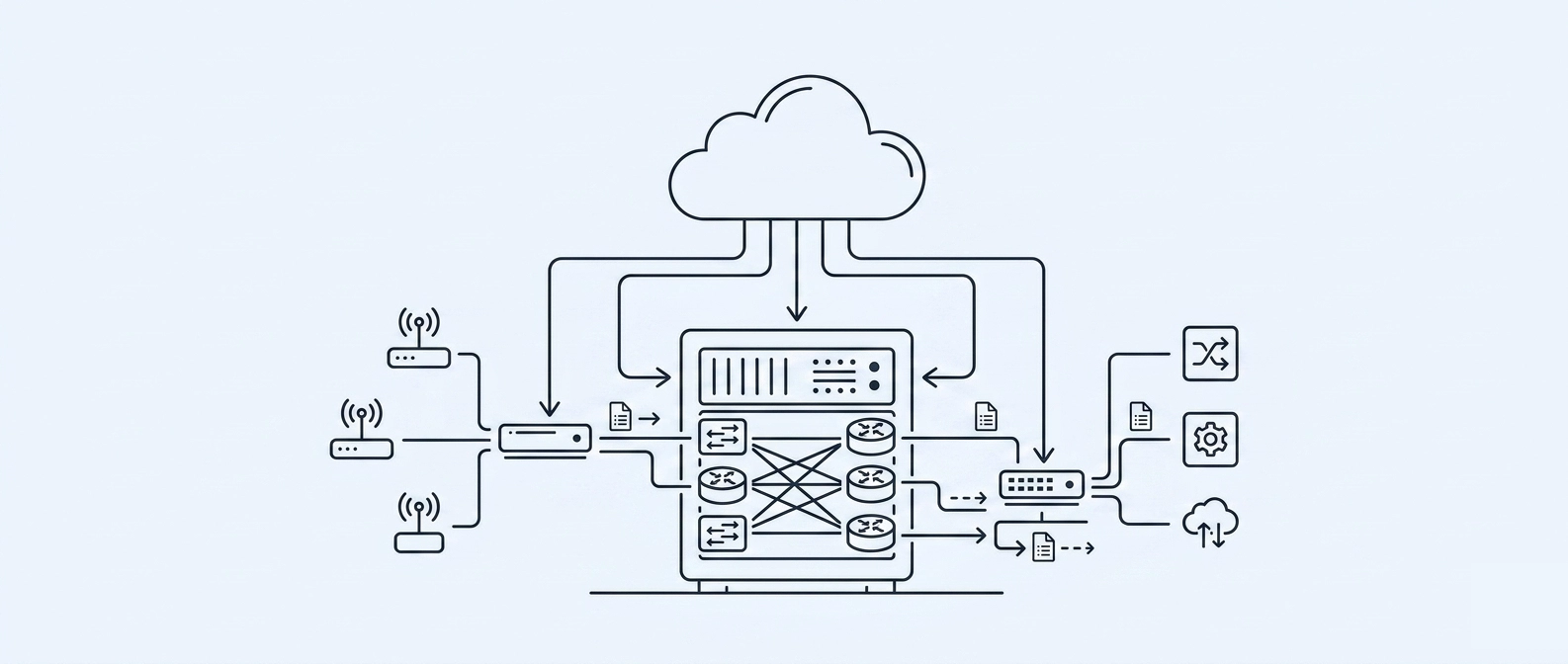 un rack de serveurs au centre, connecté par des flèches à un nuage (contrôleur SDN) et à des appareils (routeurs, antennes, PC). Des icônes de fichiers flottent autour, sur un fond bleu clair.