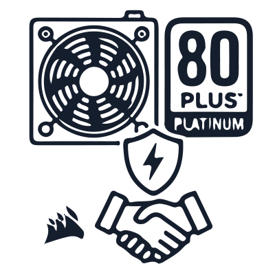 Bloc d'alimentation certifié 80 Plus Platinum avec logos Corsair et Seasonic, gage de sécurité.