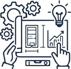 Illustration d'une tablette avec des graphiques et des blueprints de serveur, entourée d'engrenages et d'une ampoule.