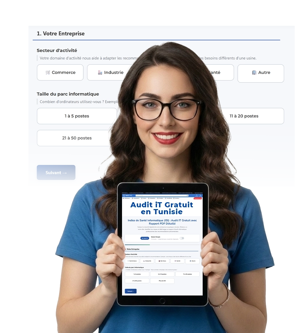 Technicienne de Best PC présentant l'outil d'Audit IT Gratuit (ISI) pour évaluer la santé informatique