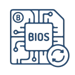 Une puce de carte mère avec le texte "BIOS" dessus, une flèche de mise à jour et un petit cadenas.