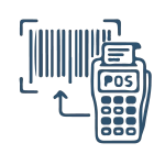 Icône montrant un code-barres en cours de numérisation par un terminal de point de vente (POS), symbolisant le retail et le commerce.