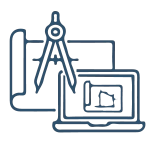 Icône associant un compas de dessin sur un plan technique avec un ordinateur portable affichant un plan architectural, pour les bureaux d'études.