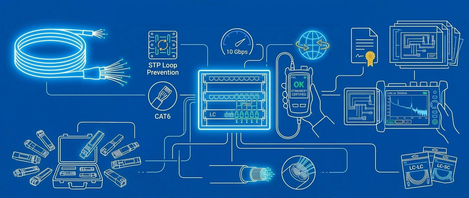 Schéma technique bleu néon illustrant le déploiement de fibre optique, câbles CAT6 certifiés et rapports de tests conformes.