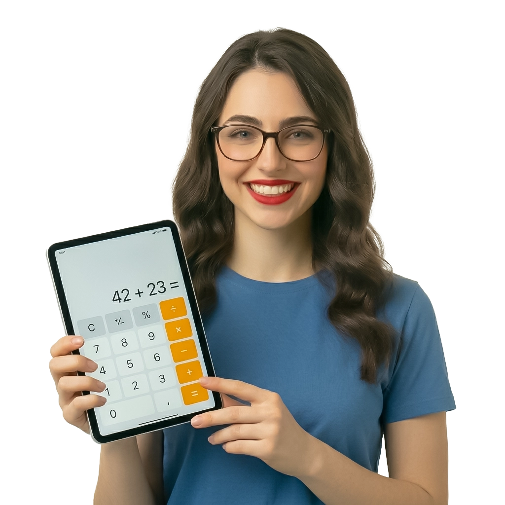 Technicienne informatique de l'entreprise BestPC Tunisie, souriante et portant des lunettes, présentant une application de calculatrice sur une tablette numérique