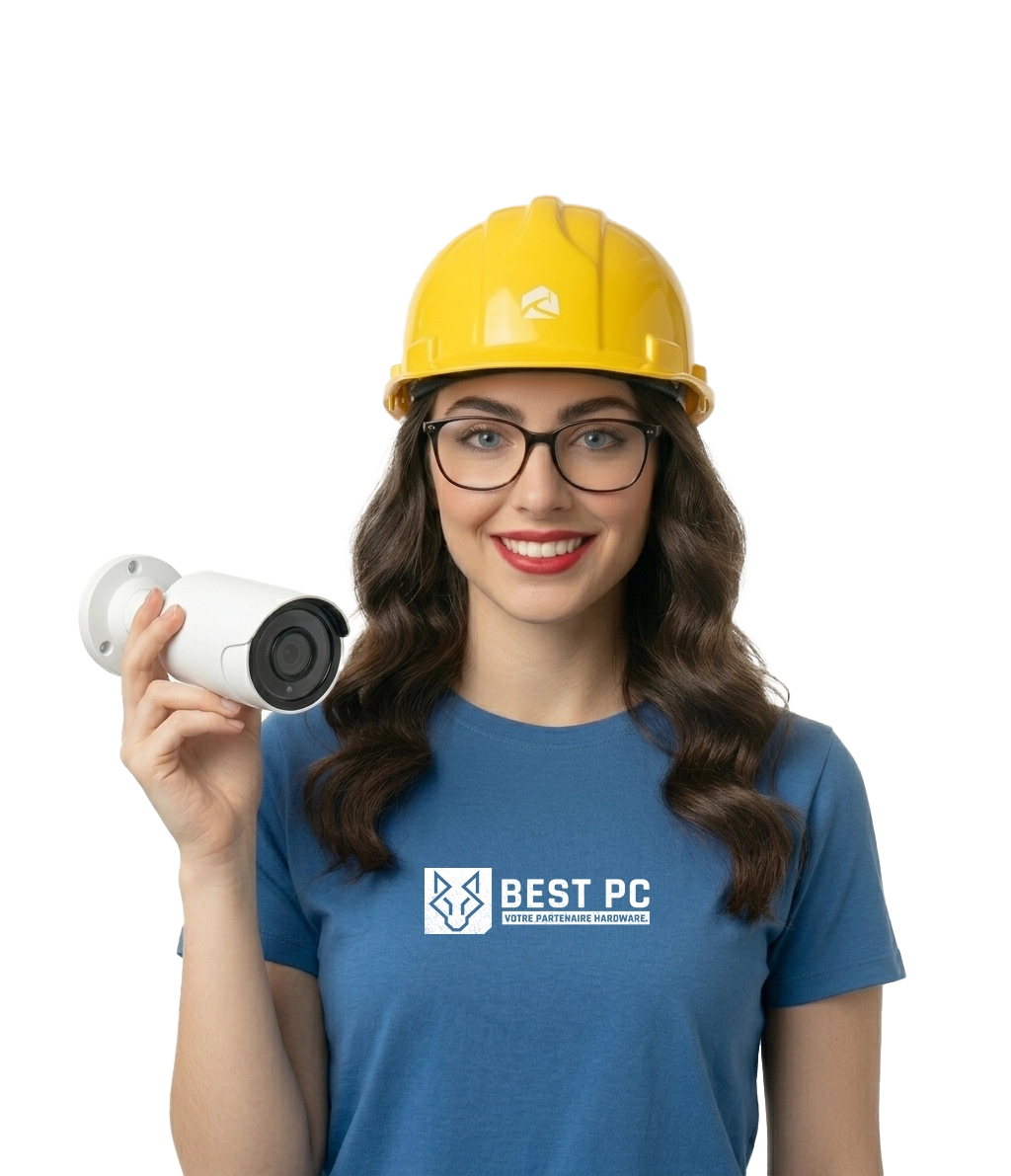Une technicienne informatique de BestPC Tunisie portant un casque de sécurité jaune et tenant une caméra de surveillance pour l'installation de systèmes de sécurité.
