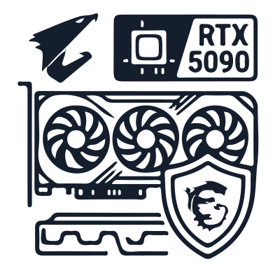Illustration de GPU AORUS et MSI avec logos RTX 5000 et Radeon, pour des graphismes d'élite.