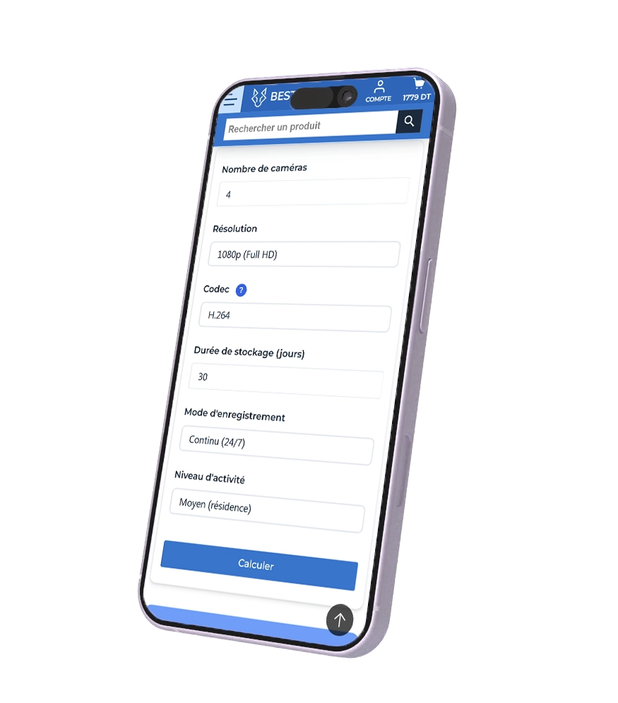 Un smartphone affichant un outil de « Calculateur de Stockage CCTV » sur le site web BestPC, permettant d'estimer l'espace disque nécessaire en saisissant le nombre de caméras, la résolution, le codec et la durée d'enregistrement.