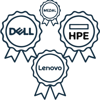 Groupe de trois médailles de certification pour DELL, HPE et Lenovo, avec un petit badge ‘MEDAL’ au sommet.