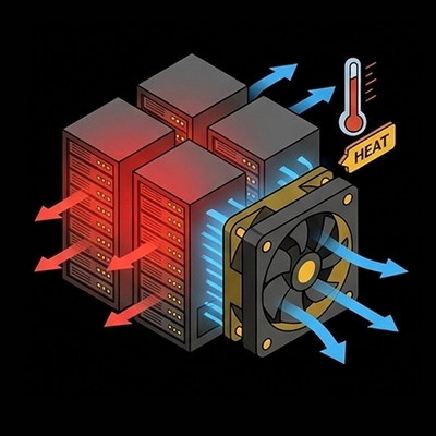 Illustration isométrique de serveurs en surchauffe avec des flèches d'air rouge et bleu et un ventilateur, illustrant le défi du refroidissement de données.