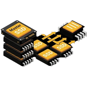 Icône isométrique d'un SSD "Master" se dupliquant vers plusieurs composants, illustrant le processus de clonage de disques en volume.