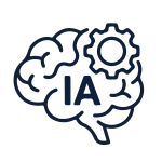 Un contour de cerveau humain renfermant les lettres "IA" (pour Intelligence Artificielle), surmonté d'un engrenage mécanique.