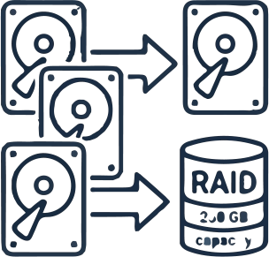 Icône de plusieurs disques durs et d'un volume RAID de 250 Go.