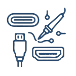 Un fer à souder de précision en train de réparer un connecteur d'alimentation et un port HDMI sur une carte mère.