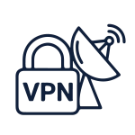 Un cadenas de sécurité arborant l'inscription "VPN", positionné juste devant une antenne parabolique orientée vers le haut.