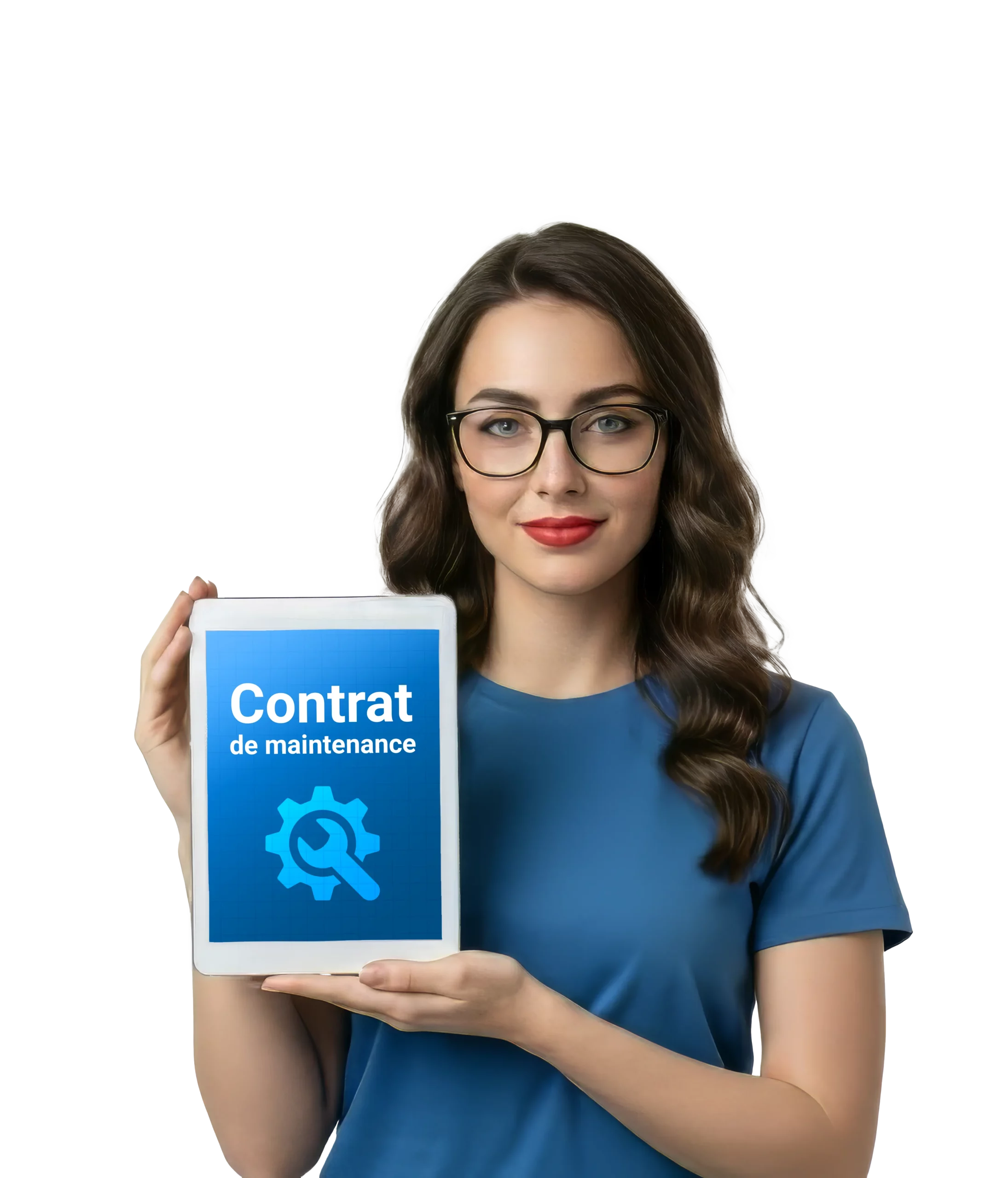 Une technicienne informatique de BestPC Tunisie présentant une tablette affichant un « Contrat de maintenance » pour le support informatique professionnel.