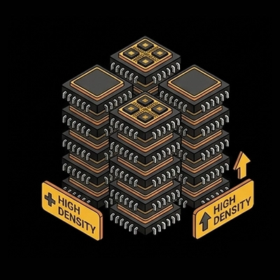 Illustration isométrique d'une pile dense de processeurs avec des flèches montantes et des étiquettes, montrant une densité de calcul élevée.