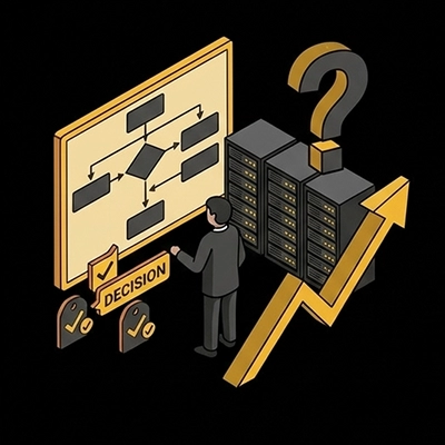 Illustration isométrique d'un homme face à un tableau de processus avec un point d'interrogation et une flèche de croissance, symbolisant une décision stratégique d'entreprise.