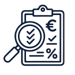 Un presse-papiers affichant une liste de contrôle, le symbole de l'Euro, et un signe de pourcentage, le tout examiné par une loupe.