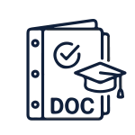 Un dossier ou classeur de documents arborant l'inscription "DOC" et une coche de validation, surmonté d'un chapeau de diplômé.