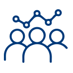 Trois silhouettes de bustes humains en ligne de contour, surmontées d'un graphique linéaire à points montrant une progression ascendante.
