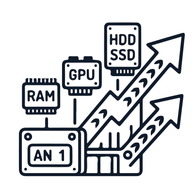 Icône de composants (RAM, GPU, SSD) avec flèches de progression, illustrant les mises à jour faciles.