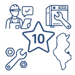 Icône au trait bleu d'un technicien, d'un lave-vaisselle, d'une clé plate et d'une étoile avec le chiffre "10", représentant 10 ans d'expertise en maintenance préventive et curative.