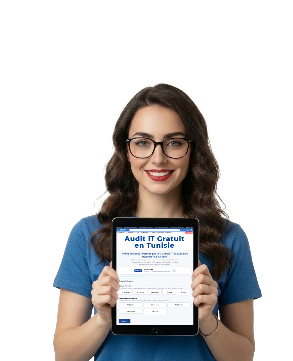 Technicienne de Best PC en Tunisie présentant la tablette avec l'outil d'Audit IT Gratuit (ISI) pour générer un rapport PDF détaillé.