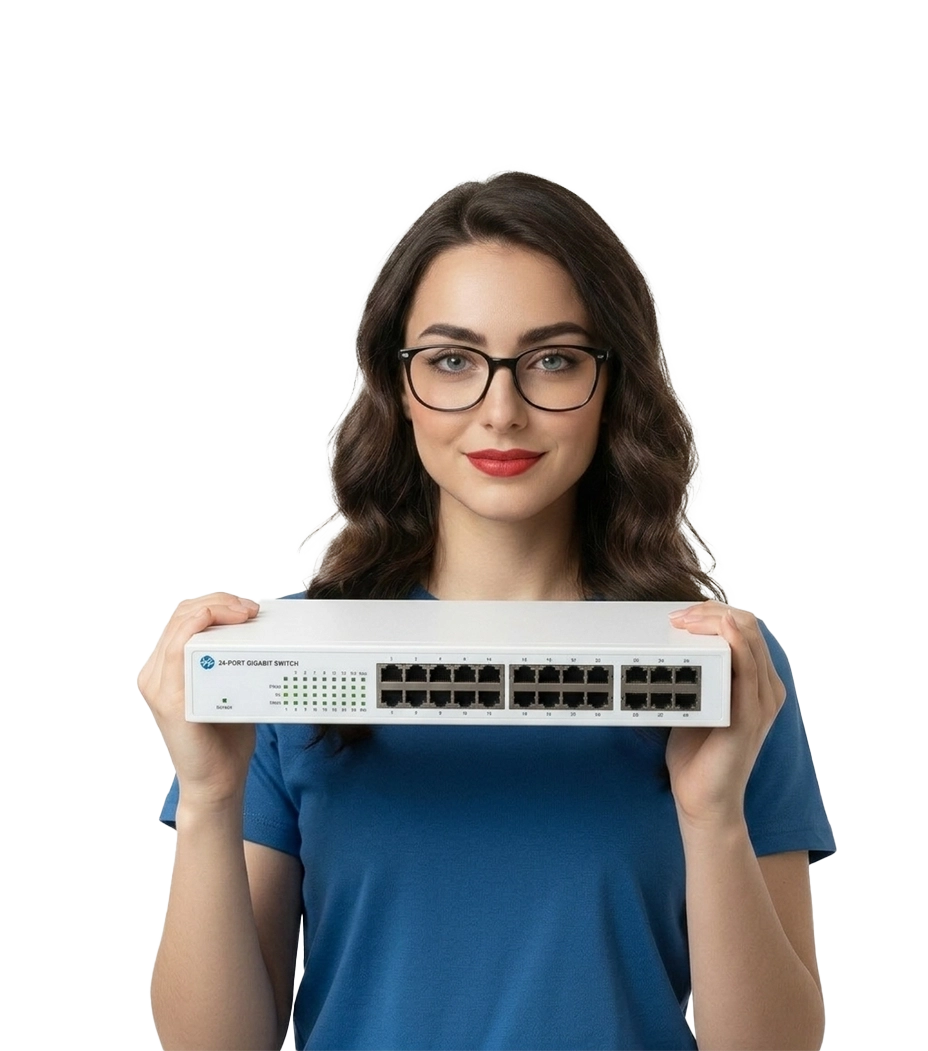 Une technicienne informatique de BestPC Tunisie présentant un switch Gigabit à 24 ports pour une prestation d'installation de serveur