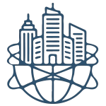 Icône représentant un ensemble de gratte-ciels interconnectés par des lignes de réseau s'étendant sur un globe terrestre, pour les grandes entreprises et multinationales.
