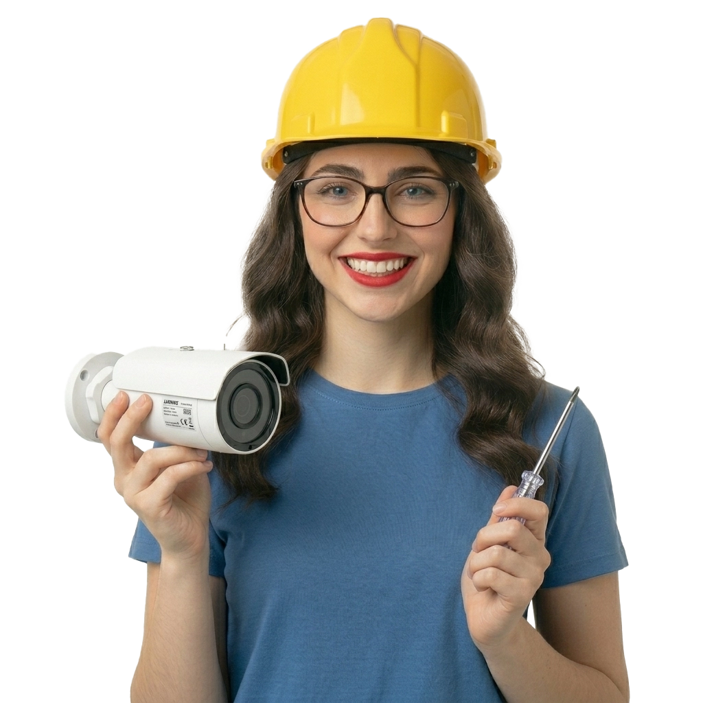 Une technicienne informatique de BestPC Tunisie, souriante et portant un casque de sécurité, tenant une caméra de surveillance et un tournevis après une installation réussie.
