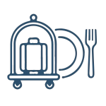 Icône combinant un chariot à bagages avec une assiette et des couverts, représentant l'hôtellerie et la restauration.