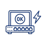 Un routeur réseau avec des lumières clignotantes et un symbole "OK" sur un écran, symbolisant la configuration et les tests.