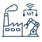 Icône d'une usine avec des cheminées et un bras robotique connecté à un réseau de capteurs IoT, pour l'industrie et le manufacturing.